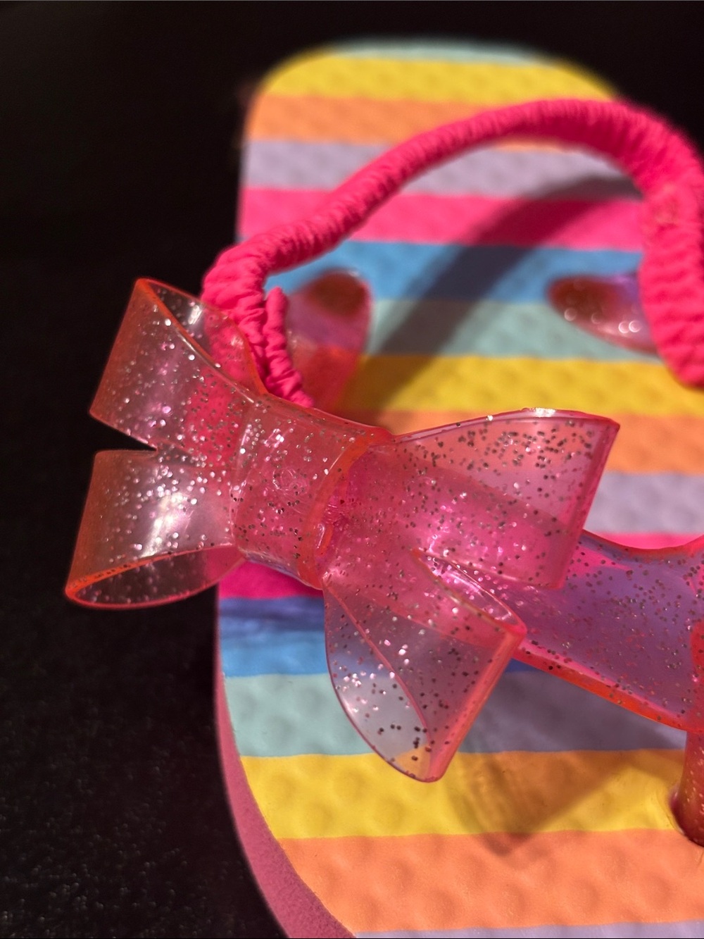 Girls Rainbow Stripe Sandals with Pink Glitter Bow - Picture 2 of 10